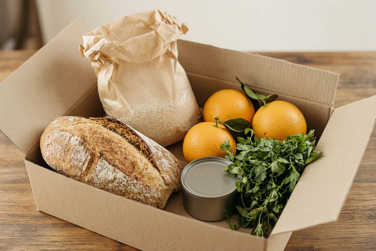 A box of bread, rice, oranges, and herbs