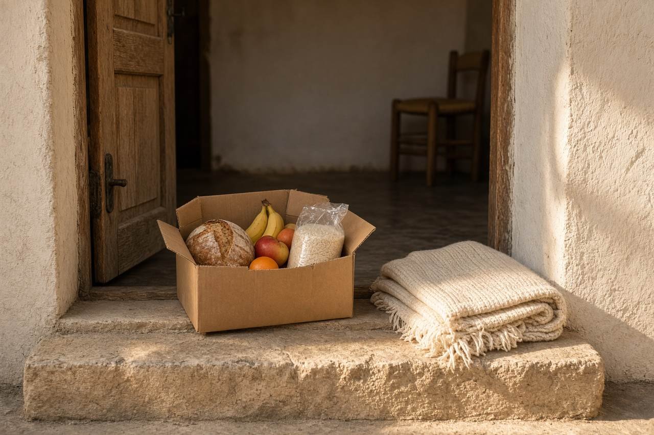 A box of groceries and a folded blanket inside a doorway